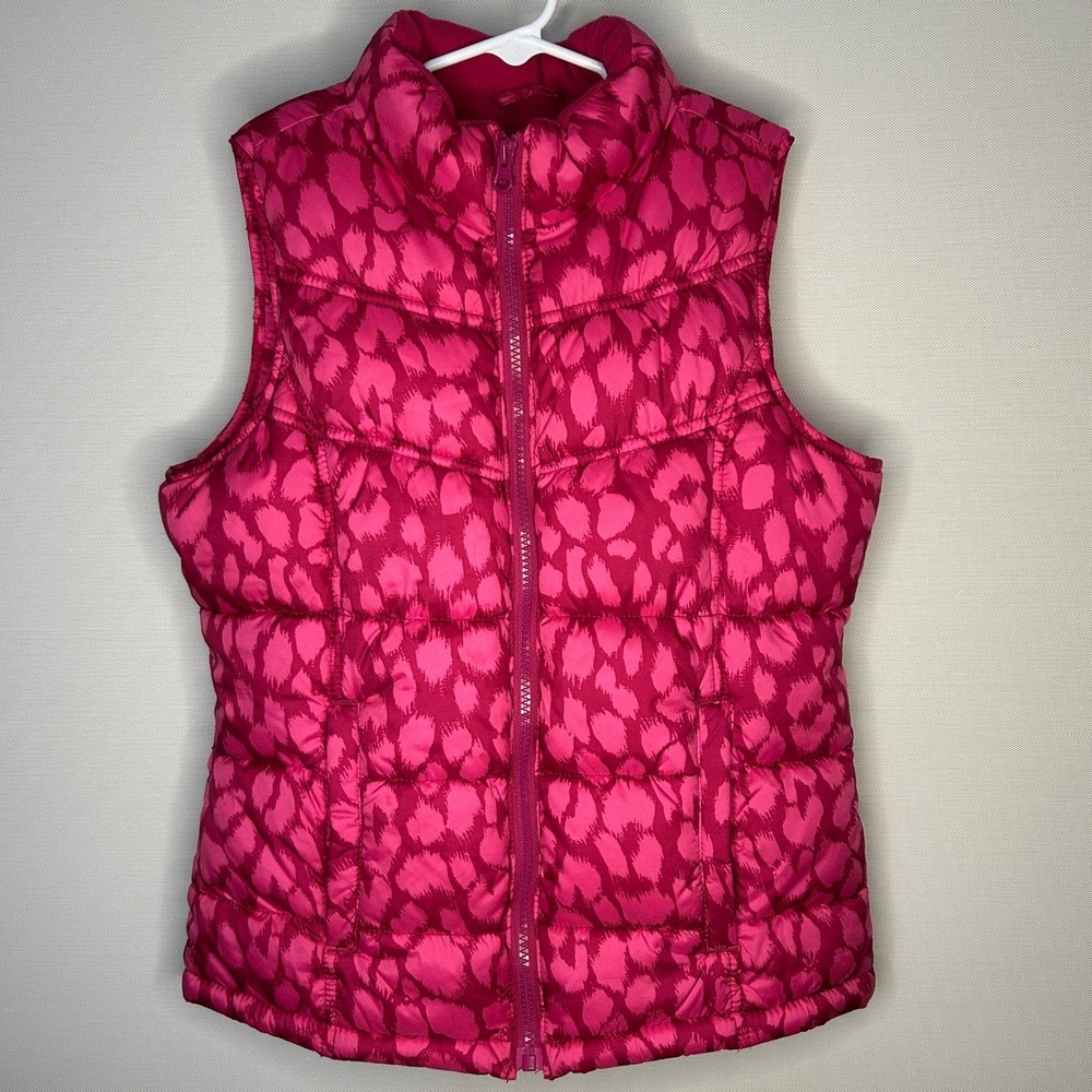 Old Navy Girls XL 14 Cheetah Pink Puffer Vest Fleece Lined Full Zip Quilted Fall